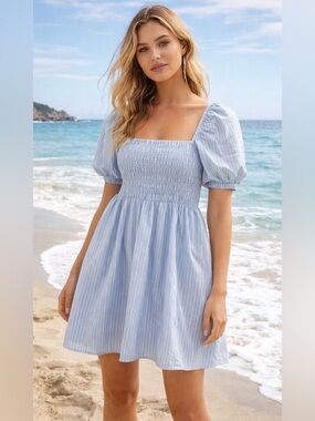 Celebrity Pink Smocked Puff Sleeve Dress Blue White Babydoll Cottage core L